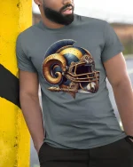 Ram Warrior Helmet Mythic Power Armor T-Shirt - model wearing grey tee, leaning on column