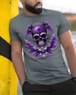 Gothic Purple Skull Star Magic Dark Art T-Shirt - model wearing grey tee, leaning on column