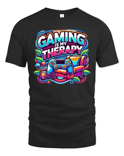 Gaming Is My Therapy Graphic T-Shirt for Gamers Comfort Fit - black t-shirt on white background