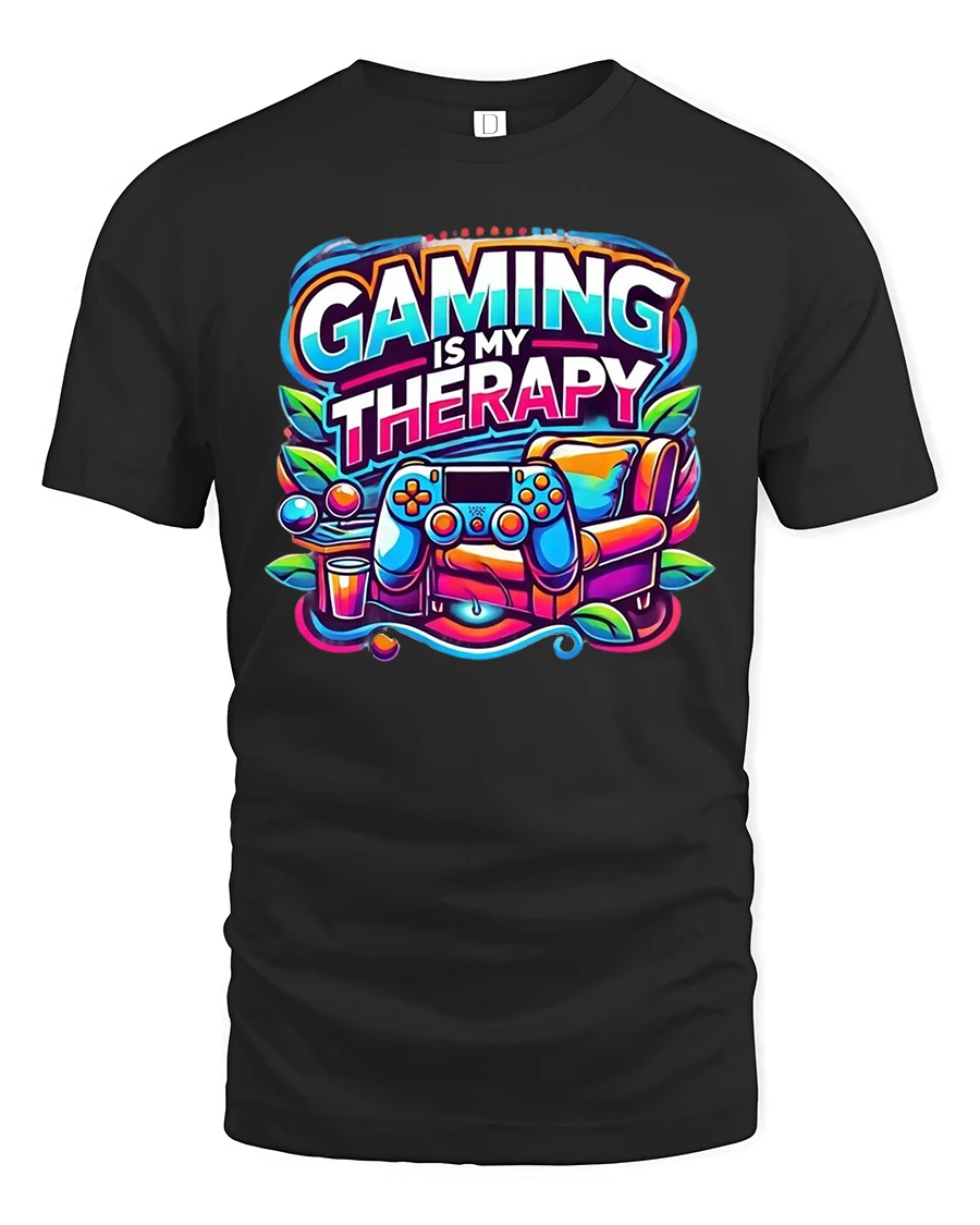 Gaming Is My Therapy Graphic T-Shirt for Gamers Comfort Fit - 1 Gaming Is My Therapy Graphic T-Shirt for Gamers Comfort Fit - black t-shirt on white background