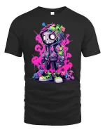 Neon Street Skull Character Graphic T-Shirt Urban Art Tee - black t-shirt on white background