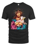 Jesus Holding Lamb Graphic T-Shirt Christian Inspirational Tee - black t-shirt on white background