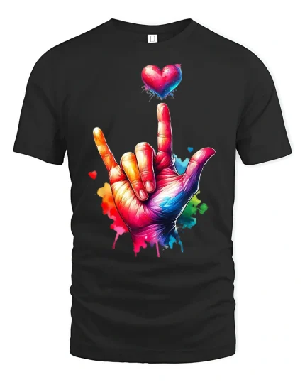 Colorful ASL I Love You Hand Sign T-Shirt Vibrant Heart Art - black t-shirt on white background