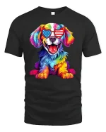 Patriotic Rainbow Dog Graphic T-Shirt USA Sunglasses Art - black t-shirt on white background
