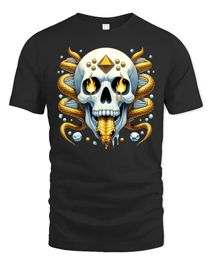 Golden Serpent Skull Graphic T-Shirt Mystic Fantasy Art Tee - black t-shirt on white background