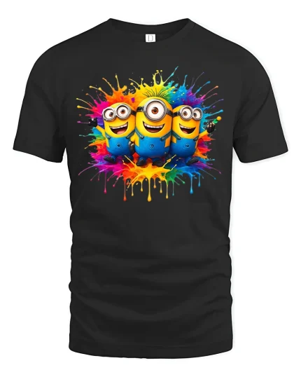 Color Splash Cartoon Trio Graphic T-Shirt Fun Vibrant Art Tee - black t-shirt on white background