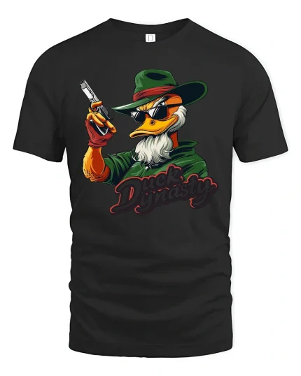 Cool Hunter Duck Graphic T-Shirt Cartoon Duck with Shades Tee - black t-shirt on white background