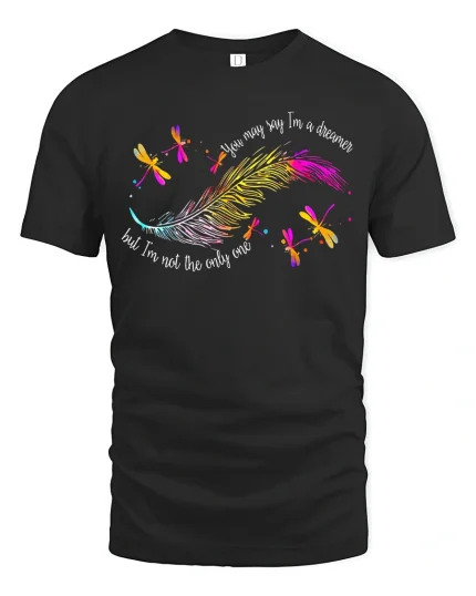 Colorful Feather Dragonfly Graphic T-Shirt Artistic Nature Tee - black t-shirt on white background