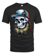 Colorful Bearded Skull Graphic T-Shirt Cool Urban Art Tee - black t-shirt on white background