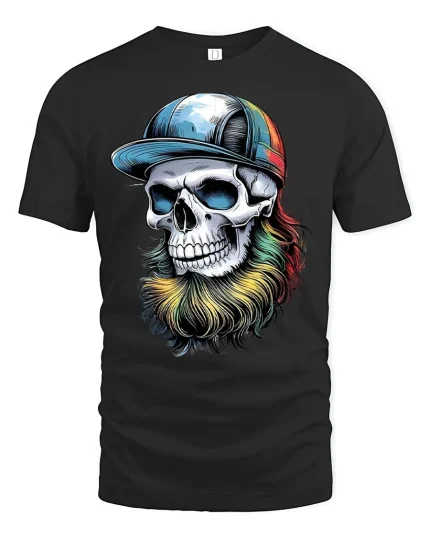 Colorful Bearded Skull Graphic T-Shirt Cool Urban Art Tee - black t-shirt on white background