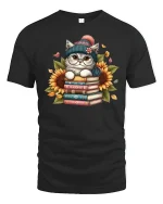 Cute Cat on Books Sunflower Graphic T-Shirt Cozy Reader Tee - black t-shirt on white background