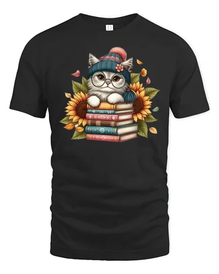 Cute Cat on Books Sunflower Graphic T-Shirt Cozy Reader Tee - black t-shirt on white background