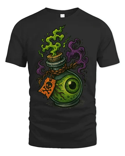 Creepy Eyeball Potion Graphic T-Shirt Spooky Fantasy Art Tee - black t-shirt on white background