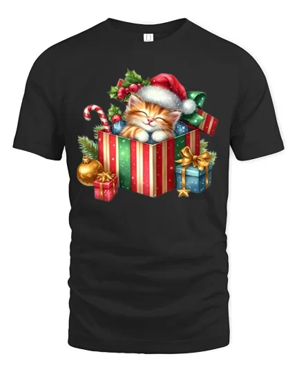 Cute Christmas Cat in Gift Box T-Shirt Festive Holiday Graphic - black t-shirt on white background