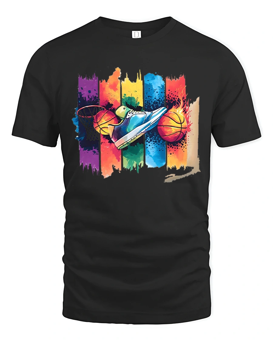 Colorful Basketball Sneaker Graphic T-Shirt Sport Style Tee - 1 Colorful Basketball Sneaker Graphic T-Shirt Sport Style Tee - black t-shirt on white background