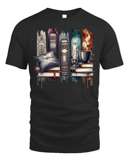 Cozy Book Lover Graphic T-Shirt Candle Coffee Library Art - black t-shirt on white background