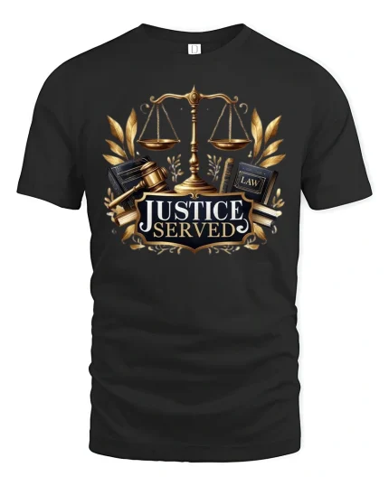 Justice Served Graphic T-Shirt Scales of Law Attorney Tee - black t-shirt on white background