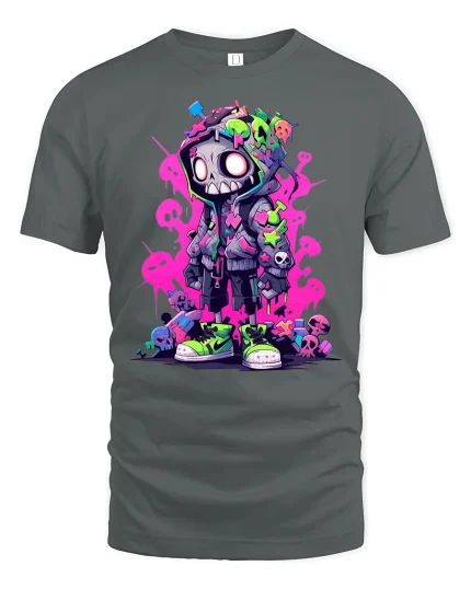 Neon Street Skull Character Graphic T-Shirt Urban Art Tee - gray t-shirt on white background