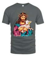Jesus Holding Lamb Graphic T-Shirt Christian Inspirational Tee - gray t-shirt on white background