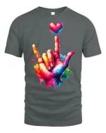 Colorful ASL I Love You Hand Sign T-Shirt Vibrant Heart Art - gray t-shirt on white background