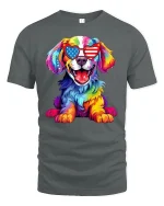 Patriotic Rainbow Dog Graphic T-Shirt USA Sunglasses Art - gray t-shirt on white background