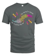 Colorful Feather Dragonfly Graphic T-Shirt Artistic Nature Tee - gray t-shirt on white background