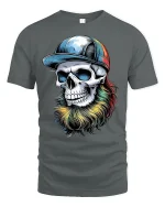 Colorful Bearded Skull Graphic T-Shirt Cool Urban Art Tee - gray t-shirt on white background
