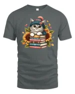 Cute Cat on Books Sunflower Graphic T-Shirt Cozy Reader Tee - gray t-shirt on white background
