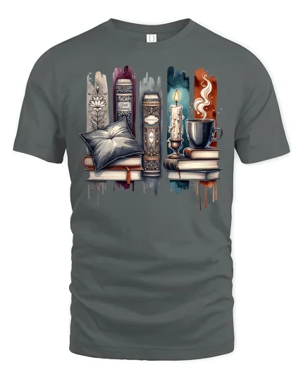 Cozy Book Lover Graphic T-Shirt Candle Coffee Library Art - gray t-shirt on white background