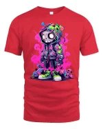 Neon Street Skull Character Graphic T-Shirt Urban Art Tee - red t-shirt on white background