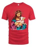 Jesus Holding Lamb Graphic T-Shirt Christian Inspirational Tee - red t-shirt on white background