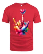Colorful ASL I Love You Hand Sign T-Shirt Vibrant Heart Art - red t-shirt on white background