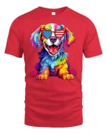 Patriotic Rainbow Dog Graphic T-Shirt USA Sunglasses Art - red t-shirt on white background