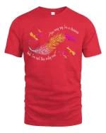 Colorful Feather Dragonfly Graphic T-Shirt Artistic Nature Tee - red t-shirt on white background