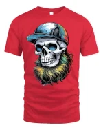 Colorful Bearded Skull Graphic T-Shirt Cool Urban Art Tee - red t-shirt on white background
