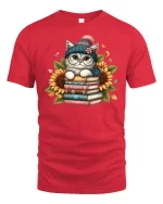 Cute Cat on Books Sunflower Graphic T-Shirt Cozy Reader Tee - red t-shirt on white background