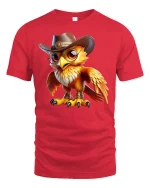 Cowboy Owl Graphic T-Shirt Western Style Cute Bird Tee - red t-shirt on white background