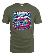 Gaming Is My Therapy Graphic T-Shirt for Gamers Comfort Fit - military green t-shirt on white background
