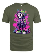 Neon Street Skull Character Graphic T-Shirt Urban Art Tee - military green t-shirt on white background