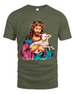 Jesus Holding Lamb Graphic T-Shirt Christian Inspirational Tee - military green t-shirt on white background