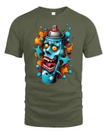 Crazy Spray Can Skull Graphic T-Shirt Bold Graffiti Art Tee - military green t-shirt on white background