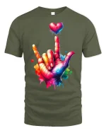 Colorful ASL I Love You Hand Sign T-Shirt Vibrant Heart Art - military green t-shirt on white background