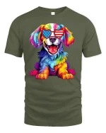 Patriotic Rainbow Dog Graphic T-Shirt USA Sunglasses Art - military green t-shirt on white background