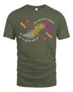 Colorful Feather Dragonfly Graphic T-Shirt Artistic Nature Tee - military green t-shirt on white background