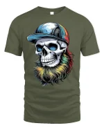 Colorful Bearded Skull Graphic T-Shirt Cool Urban Art Tee - military green t-shirt on white background