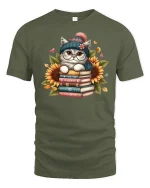 Cute Cat on Books Sunflower Graphic T-Shirt Cozy Reader Tee - military green t-shirt on white background