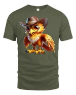 Cowboy Owl Graphic T-Shirt Western Style Cute Bird Tee - military green t-shirt on white background