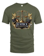 Justice Served Graphic T-Shirt Scales of Law Attorney Tee - military green t-shirt on white background