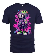 Neon Street Skull Character Graphic T-Shirt Urban Art Tee - navy t-shirt on white background