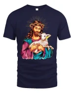 Jesus Holding Lamb Graphic T-Shirt Christian Inspirational Tee - navy t-shirt on white background